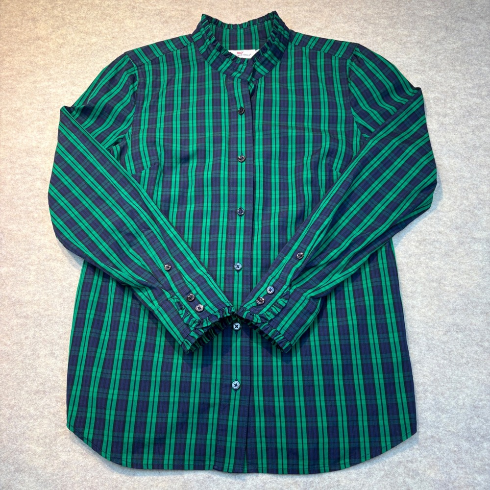 Vineyard Vines Womens 6 Ruffle Collar Plaid Button Down Shirt Green Navy Cotton